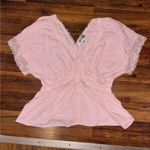 Madden Girl Pale Pink Lace-Trim V-Neck Button Front Blouse